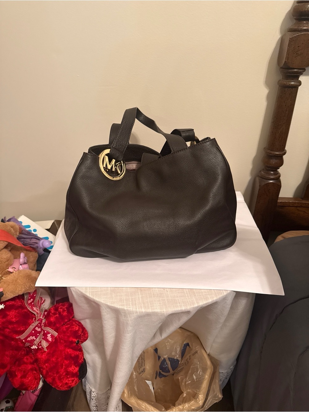 Michael Kors Dark Brown Pebbled Leather Tote with Gold MK Charm